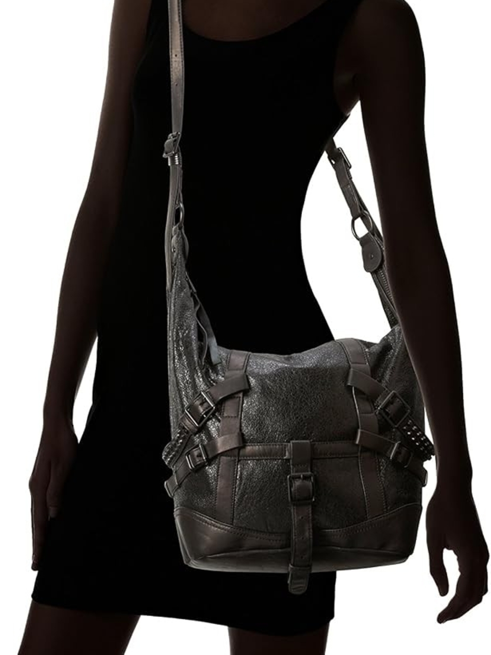 Black Leather Ash Brand Womens Roxy Belted Crossbody Hobo Bag